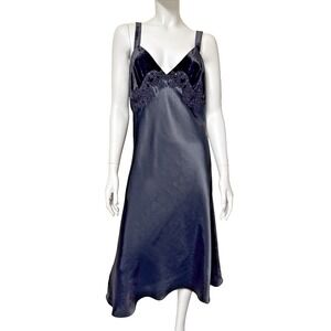 Vtg Van Raalte Black Silky Slip Dress Lace Velour Trim Lingerie Gown SZ Large